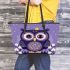 Cute owl cartoon with big eyes and yellow stars on its head leather tote bag