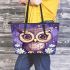 Cute owl cartoon with big eyes and yellow stars on its head leather tote bag