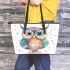 Cute owl clipart pastel watercolor style with glitter leather tote bag