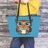 Cute owl holding coffee leather tote bag