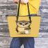 Cute owl holding coffee leather tote bag