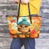 Cute owl in blue hat sitting on the log surrounded leather tote bag