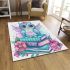 Cute owl sitting on books in pink and blue colors with flowers area rugs carpet