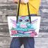 Cute owl sitting on books in pink and blue colors with flowers leather tote bag