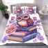 Cute owl sitting on books surrounded by pink roses bedding set