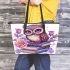 Cute owl sitting on books surrounded by pink roses leather tote bag