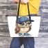 Cute owl wearing a blue cap and shoes leather tote bag