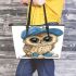 Cute owl wearing a blue cap and shoes leather tote bag