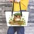 Cute owl wearing a green beret leather tote bag