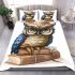 Cute owl wearing blue glasses sitting on books bedding set