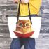 Cute owl wearing glasses reading books leather tote bag