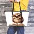 Cute owl wearing glasses reading books leather tote bag