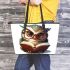 Cute owl wearing glasses reading books leather tote bag