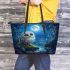 Cute owl with big blue eyes leather tote bag