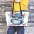 Cute owl with big eyes leather tote bag