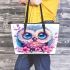 Cute owl with big eyes pink and blue gradient colors leather tote bag