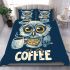 Cute owl with big yellow eyes holding a coffee cup bedding set