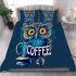 Cute owl with big yellow eyes holding a coffee cup bedding set