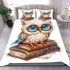 Cute owl with blue glasses sits on top of books bedding set