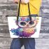 Cute owl with flowers on its head leather tote bag