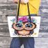 Cute owl with flowers on its head leather tote bag