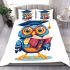 Cute owl with glasses and graduation hat holding books bedding set