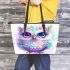 Cute owl with pink and blue colors and flowers around the eyes leather tote bag