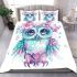 Cute owl with pink and blue colors and flowers around the eyes bedding set