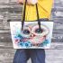 Cute owl with pink and blue flowers leather tote bag