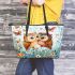 Cute owls in love colorful butterflies and flowers leather tote bag