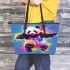 Cute panda in the style of rainbow paint splash leather tote bag