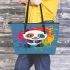 Cute panda in the style of rainbow paint splash leather tote bag