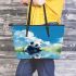Cute panda is playing in the water leather tote bag