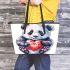 Cute panda making a heart with its hands leather tote bag