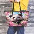 Cute panda surrounded among blooming cherry blossoms leather tote bag