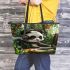 Cute panda wearing headphones leather tote bag