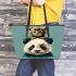 Cute panda with cat on its head leather tote bag