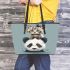 Cute panda with cat on its head leather tote bag