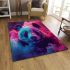 Cute panda with colorful smoke in front of a pink area rugs carpet