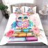 Cute pastel colorful owl sitting on top of books bedding set