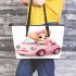 Cute pink car with a cute puppy inside leather tote bag