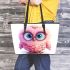 Cute pink owl cartoon character clip art leather tote bag