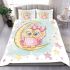 Cute pink owl with a bow and glasses sitting on the moon bedding set