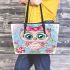 Cute pink owl with a bow on its head 20 leather tote bag