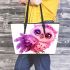 Cute pink owl with big eyes leather tote bag