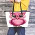 Cute pink owl with big eyes clipart leather tote bag