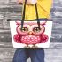 Cute pink owl with big eyes clipart leather tote bag