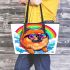 Cute pomeranian dog wearing black sunglasses leather tote bag