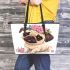 Cute pug puppy with pink roses and butterfly leather tote bag