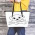 Cute puppy playing with a stick coloring page for kids leather tote bag